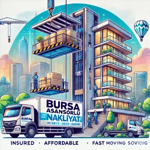 Bursa evden eve asansörlü nakliyat hizmetlerini simgeleyen modern illüstrasyon; evden eve nakliyat, asansörlü nakliyat.